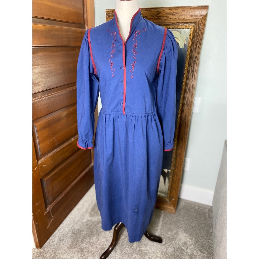 Vintage 80s Lanz Originals Blue Red Trim Embroidered Midi Dress Cottagecore 3/4